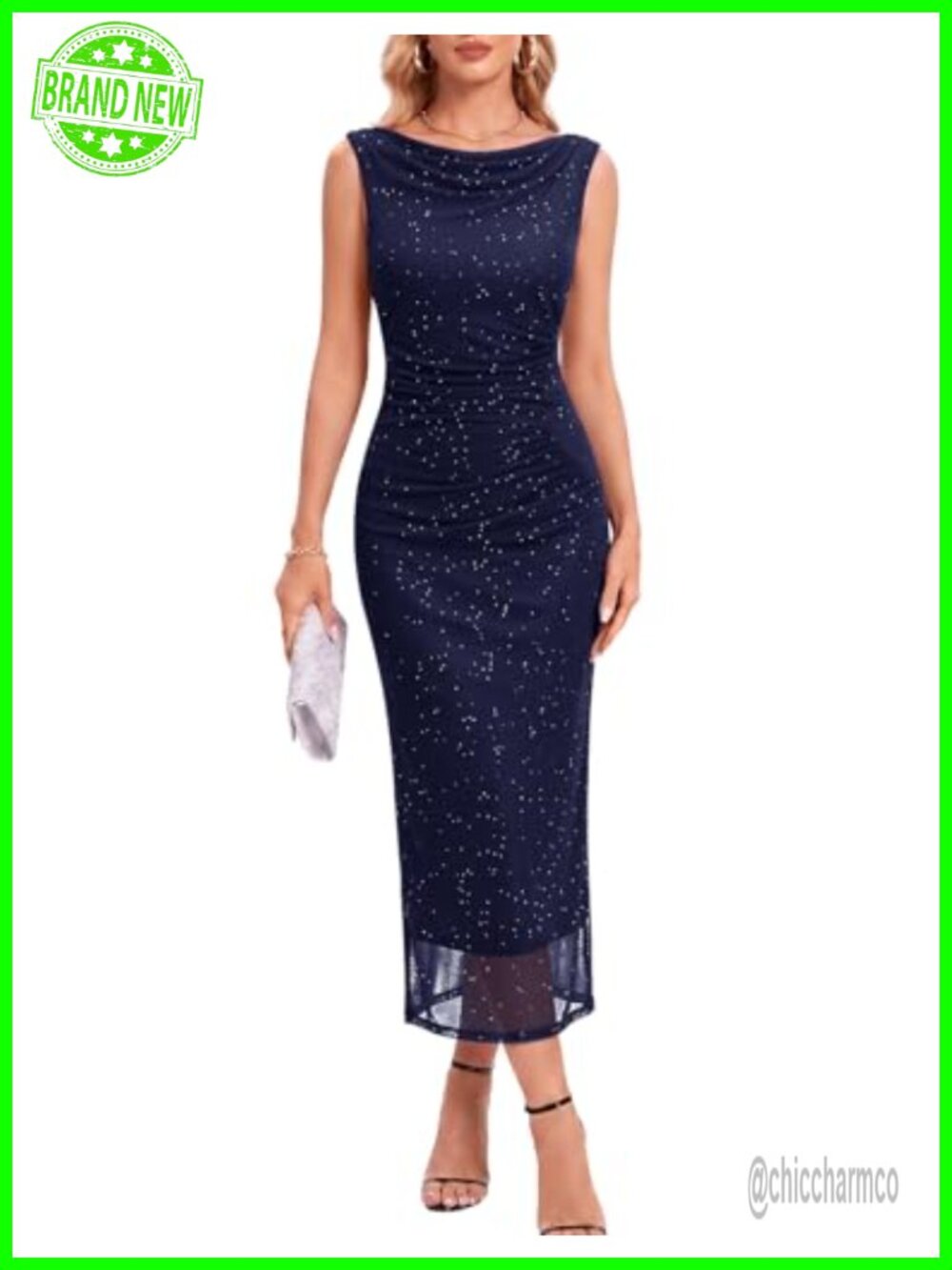 Sequin mesh bodycon ruched midi dress sleeveless cowl neck formal cocktail